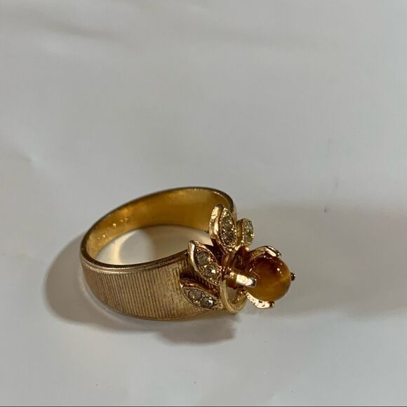 Vintage 18K HGE Flower Ring w/ Tigers Eye Stone & Crystals Sz 6.5 Gorgeous - Picture 3 of 7
